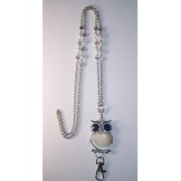 White Crystal Owl & Silver Flower Beaded Lanyard Necklace / ID Badge Cruise Card